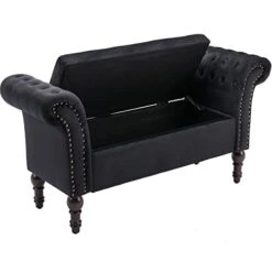 Guyou Tufted Storage Bench For Bedroom End Of Bed With Arms, Velvet Armed Entryway Bench With Storage Upholstered 51” Ottoman Bench With Nailed Trim For Window Seat Foyer Living Room (Black)