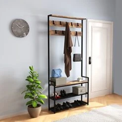 TATOZA 3-in-1 Entryway Hall Tree, Coat Rack Shoe Bench, Wood Look Accent Furniture With Hooks, Sturdy Steel Frame, Rustic Brown -Safavieh Furniture 41UvgqVYpwL