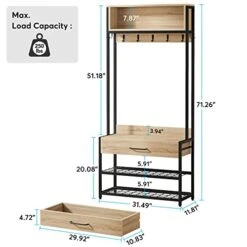 Tribesigns 3-in-1 Entryway Hall Tree With Drawer, Vintage Industrial Coat Rack With Shoe Bench And Hutch, Mudroom Bench With Shoe Storage Rack And 9 Hooks For Living Room Bedroom (Oak)