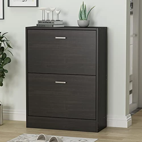 AIEGLE Shoe Cabinet With 2 Flip Drawers For Entryway, Freestanding Shoe Rack Shoe Organiazer With Adjustable Shelf, Shoe Storage Cabinet, Black Walnut (23.6" W X 9.4" D X 31.4" H) 3 AIEGLE Shoe Cabinet With 2 Flip Drawers For Entryway, Freestanding Shoe Rack Shoe Organiazer With Adjustable Shelf, Shoe Storage Cabinet, Black Walnut (23.6" W X 9.4" D X 31.4" H) - Image 3