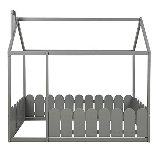 Merax Twin Size Wooden House Bed Frame With Fence-Shaped Guardrail For Teens, Girls, Boys, Gray 4 Merax Twin Size Wooden House Bed Frame With Fence-Shaped Guardrail For Teens, Girls, Boys, Gray - Image 4