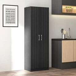 Revada 71" H Freestanding Wood Kitchen Pantry Storage Cabinet With 2 Pull Open Doors & 4 Shelves Color: Black Oak Material: Particle Board, Manufactured Wood Overall Dimensions:71 H X 23.5 W X 16.25 D