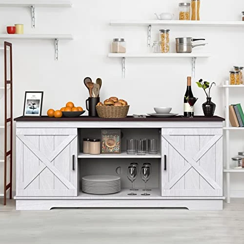 YITAHOME Buffet Cabinet, 59.5“ Farmhouse Sideboard Buffet Storage Cabinet With Barn Door Coffee Bar Cabinet With Capacity 300 Lbs For Home Dinning Living Room, Grey White/Espresso, 26“ Height 1 YITAHOME Buffet Cabinet, 59.5“ Farmhouse Sideboard Buffet Storage Cabinet With Barn Door Coffee Bar Cabinet With Capacity 300 Lbs For Home Dinning Living Room, Grey White/Espresso, 26“ Height