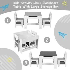 Arlopu Kids Table And 2 Chairs Set, 3-in-1 Wooden Activity Table, W/Detachable Storage Drawer, Drawing Reading Black Board Desk, Art Craft, Playroom, Nursery, Toddler Table And Chair Set (Off-White) -Safavieh Furniture 41VXWPwj35L