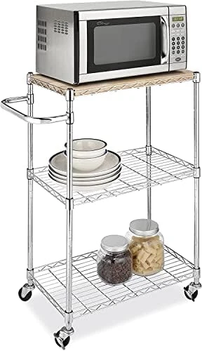 Kitchen Microwave Cart On Wheels, Wire Rolling Cart With 4 Chrome Hooks, 3 Tier Bakers Rack With Wood Table, Slides Out Shelves (24" W X 18" D X 33.5" H, Chrome/Wood) 11 Kitchen Microwave Cart On Wheels, Wire Rolling Cart With 4 Chrome Hooks, 3 Tier Bakers Rack With Wood Table, Slides Out Shelves (24" W X 18" D X 33.5" H, Chrome/Wood) - Image 11