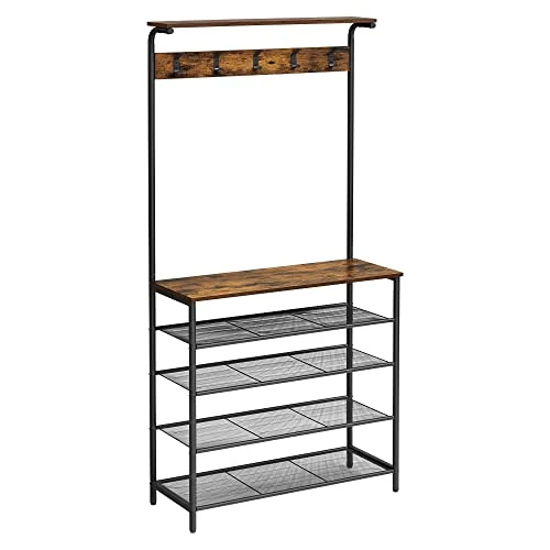VASAGLE Hall Tree With Shoe Bench, Coat Rack Shoe Bench, 5-Tier Shoe Rack Different Heights, 5 Dual Hooks, Top Shelf, Entryway Organizer, Hallway Bedroom Dorm, Rustic Brown And Black UHSR408B01 1 VASAGLE Hall Tree With Shoe Bench, Coat Rack Shoe Bench, 5-Tier Shoe Rack Different Heights, 5 Dual Hooks, Top Shelf, Entryway Organizer, Hallway Bedroom Dorm, Rustic Brown And Black UHSR408B01