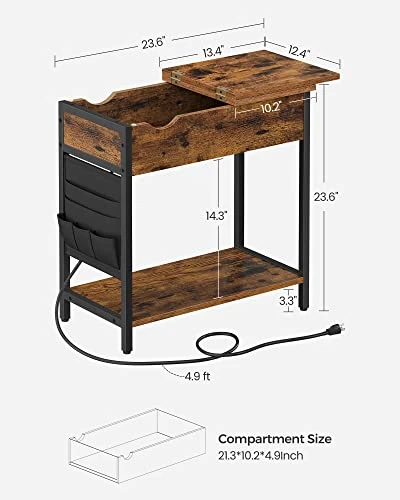 VASAGLE Side Table With Storage, End Table With USB Ports And Outlets, Nightstand With Charging Station, Fabric Bags, For Living Room, Bedroom, Rustic Brown And Black ULET310B01V1 3 VASAGLE Side Table With Storage, End Table With USB Ports And Outlets, Nightstand With Charging Station, Fabric Bags, For Living Room, Bedroom, Rustic Brown And Black ULET310B01V1 - Image 3