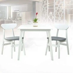 Wickerix Dining Room Set Of 2 Yumiko Chairs And Square Dining Table Kitchen Modern Solid Wood W/Padded Seat, White Color With Light Gray Cushion