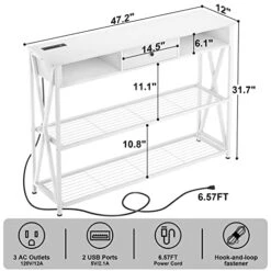 Armocity Console Table With Outlets, Entryway Table For Entry, 47 Inch Sofa Table With Drawers, Long Hallway Table, Industrial Behind Couch Table For Entryway, Sofa Couch, Entrance, Hallway, White -Safavieh Furniture 41W8yqBhEpL