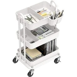 Simple Houseware 3-Tier Kitchen Cart Multifunctional Rolling Utility Cart With 2 Dividers And Hanging Bucket, White