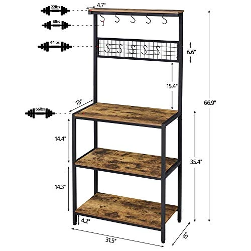 Yaheetech Kitchen Bakers Rack, Coffee Bar Station Microwave Stand With 10 Hooks And Adjustable Feet, Freestanding Utility Storage Shelf For Kitchen, Dinning Room, Living Room, Rustic Brown 6 Yaheetech Kitchen Bakers Rack, Coffee Bar Station Microwave Stand With 10 Hooks And Adjustable Feet, Freestanding Utility Storage Shelf For Kitchen, Dinning Room, Living Room, Rustic Brown - Image 6