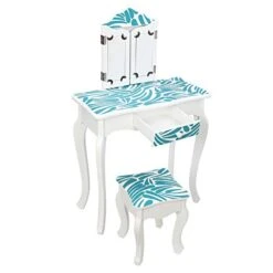 HIYEEONE Kids Vanity, Table And Chair Vanity Set With Three-Fold Mirror, Children Dressing Table Vanity Table Blue Zebra 7 HIYEEONE Kids Vanity, Table And Chair Vanity Set With Three-Fold Mirror, Children Dressing Table Vanity Table Blue Zebra -Safavieh Furniture 41WQrj3Cd7L 1