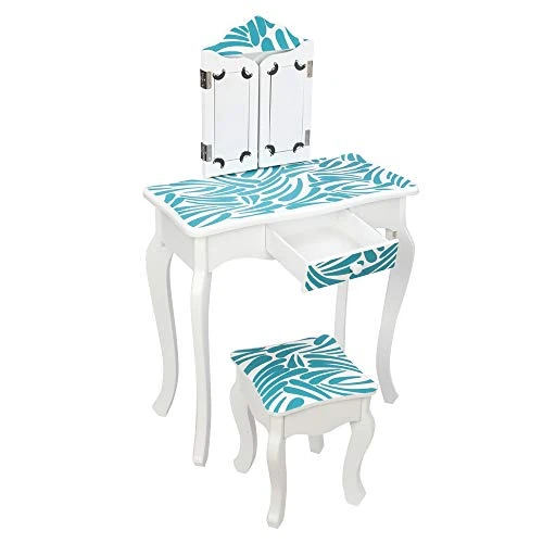 HIYEEONE Kids Vanity, Table And Chair Vanity Set With Three-Fold Mirror, Children Dressing Table Vanity Table Blue Zebra 3 HIYEEONE Kids Vanity, Table And Chair Vanity Set With Three-Fold Mirror, Children Dressing Table Vanity Table Blue Zebra - Image 3