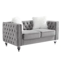 Mikibama Velvet Loveseat Sofa 59 Inch Jeweled Buttons Tufted Loveseat With Acrylic Crystal Legs And 2 Pillows Modern Furniture For Living Room, Bedroom(Grey)
