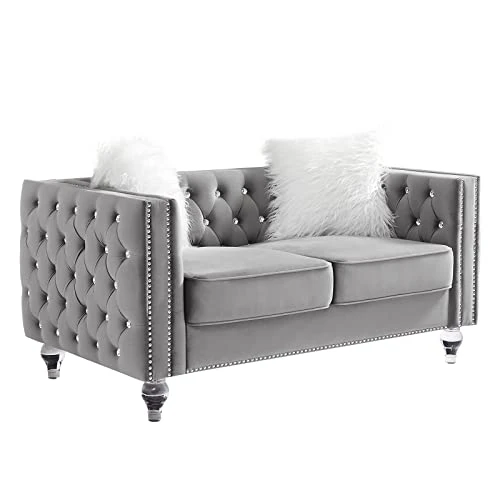 Mikibama Velvet Loveseat Sofa 59 Inch Jeweled Buttons Tufted Loveseat With Acrylic Crystal Legs And 2 Pillows Modern Furniture For Living Room, Bedroom(Grey) 1 Mikibama Velvet Loveseat Sofa 59 Inch Jeweled Buttons Tufted Loveseat With Acrylic Crystal Legs And 2 Pillows Modern Furniture For Living Room, Bedroom(Grey)