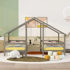 Harper & Bright Designs Kids House Bed With 2 Twin Platform Beds,Wooden Double Twin Beds With Triangular Roof And Built-in Table, 2 Beds In 1 For Girls Or Boys, No Box Spring Needed,Grey -Safavieh Furniture 41WeuHAQEL. AC