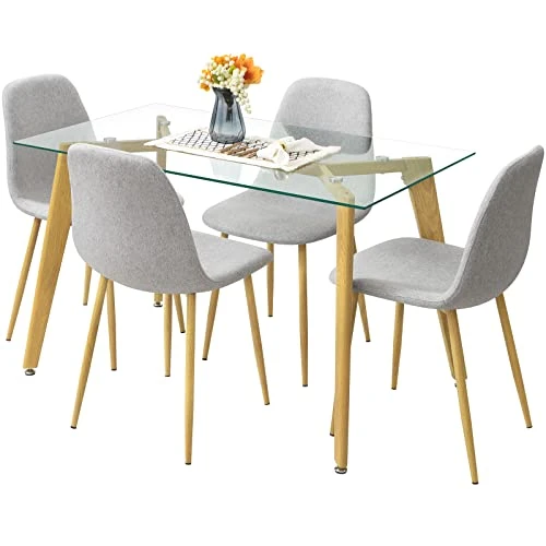 Bacyion Glass Dining Table Set For 4-5 Pieces Dining Room Table Set, Rectangle Kitchen Table With 4 Grey Fabric Dining Chairs, Modern Table & Chair Set For Dining Room, Kitchen, Dinette, Small Space 1 Bacyion Glass Dining Table Set For 4-5 Pieces Dining Room Table Set, Rectangle Kitchen Table With 4 Grey Fabric Dining Chairs, Modern Table & Chair Set For Dining Room, Kitchen, Dinette, Small Space