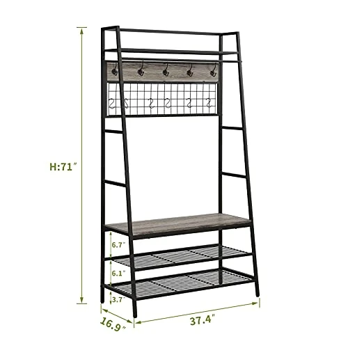 O&K FURNITURE Entryway Hall Tree Coat Rack, 5 In 1 Hall Tree With 3-Tier Storage Bench, Multifunctional Entry Organizer With 11 Hooks For Mudroom, Hallway, Foyer-Gray Finish 5 O&K FURNITURE Entryway Hall Tree Coat Rack, 5 In 1 Hall Tree With 3-Tier Storage Bench, Multifunctional Entry Organizer With 11 Hooks For Mudroom, Hallway, Foyer-Gray Finish - Image 5