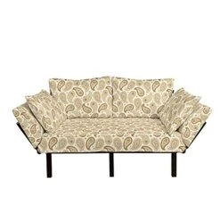 Ambesonne Beige Futon Couch, Oriental Traditional Paisley Detailed Motifs Color Contours Persian Culture Theme, Daybed With Metal Frame Upholstered Sofa For Living Dorm, Loveseat, Cream Ivory
