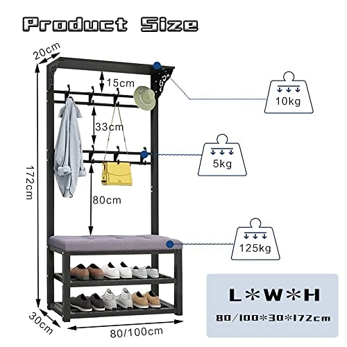 Hall Tree With Removable Hooks And 2-Tier Shoe Stand, Industrial Coat Rack Stand With Shoe Bench, Entryway Storage Shelf, For Living Room,Hallway, Bedroom L:80/100CM 3 Hall Tree With Removable Hooks And 2-Tier Shoe Stand, Industrial Coat Rack Stand With Shoe Bench, Entryway Storage Shelf, For Living Room,Hallway, Bedroom L:80/100CM - Image 3