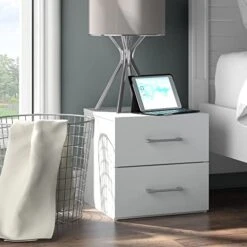 SAZAK Lundy Low Profile Nightstand With USB, White, Living Essentials