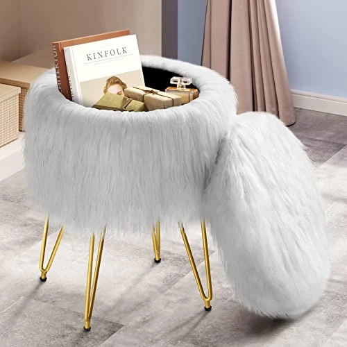 GREENSTELL Vanity Stool Chair Faux Fur With Storage, 15.75”W X 19.29’’H Round Soft Ottoman With 4 Metal Legs, Furry Padded Seat, Modern Multifunctional Makeup Stool For Bedroom Living Room, White 1 GREENSTELL Vanity Stool Chair Faux Fur With Storage, 15.75”W X 19.29’’H Round Soft Ottoman With 4 Metal Legs, Furry Padded Seat, Modern Multifunctional Makeup Stool For Bedroom Living Room, White