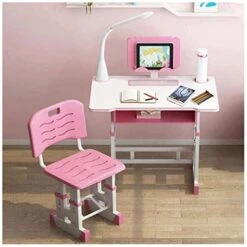 OLOTU Height Adjustable Kids Desk And Chair Set, Writing Table With LED Light And Drawer, PP Chair With Ergonomic Backrest, Pink