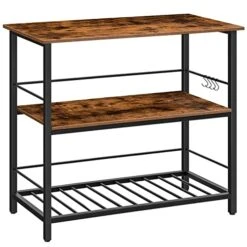 HOOBRO Kitchen Island With Wine Rack,Industrial Kitchen Counter With Hooks And Protective Rails, 3 Tier Kitchen Shelf With Large Workstation, Saving Space, Stable, Easy Assembly, Rustic Brown BF02ZD01
