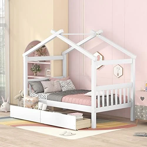 Full Size House Bed With 2 Storage Drawers Wooden Kids Montessori House Bed Frame Wood Playhouse Tent Bed For Girls Boys Teens, Natural 6 Full Size House Bed With 2 Storage Drawers Wooden Kids Montessori House Bed Frame Wood Playhouse Tent Bed For Girls Boys Teens, Natural - Image 6