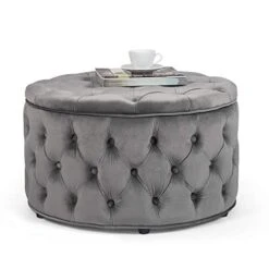 Homebeez Round Velvet Storage Ottoman, Button Tufted Footrest Stool Coffee Table For Living Room (Grey)