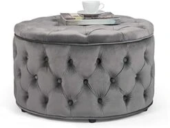 Homebeez Round Velvet Storage Ottoman, Button Tufted Footrest Stool Coffee Table For Living Room (Grey) -Safavieh Furniture 41XjFTWJkVL. AC