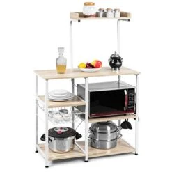 PETSITE Kitchen Baker's Rack, Coffee Bar Station With Wire Basket 5 Removable Hooks, Microwave Oven Stand Cart, Utility Storage Shelf