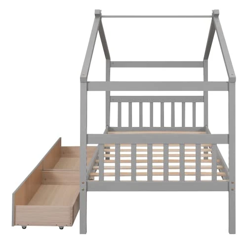 LLS Twin Size House Bed, Wood Bed Frame With 2 Drawers Storage, Headboards And Roof, Can Be Decorated For Children Boys Girls, Gray 3 LLS Twin Size House Bed, Wood Bed Frame With 2 Drawers Storage, Headboards And Roof, Can Be Decorated For Children Boys Girls, Gray - Image 3