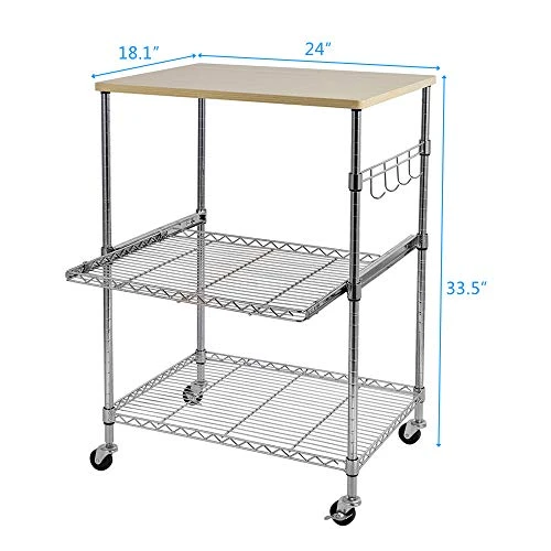 Kitchen Microwave Cart On Wheels, Wire Rolling Cart With 4 Chrome Hooks, 3 Tier Bakers Rack With Wood Table, Slides Out Shelves (24" W X 18" D X 33.5" H, Chrome/Wood) 3 Kitchen Microwave Cart On Wheels, Wire Rolling Cart With 4 Chrome Hooks, 3 Tier Bakers Rack With Wood Table, Slides Out Shelves (24" W X 18" D X 33.5" H, Chrome/Wood) - Image 3