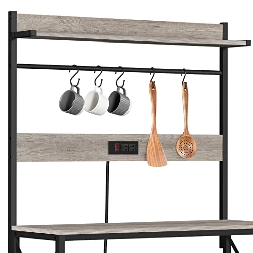 Yaheetech Kitchen Bakers Rack With Power Outlet, 36.5" W Microwave Oven Stand Kitchen Storage Rack With Hooks For Dining Room, Kitchen Organizer Shelves For Spices, Pots And Pans, Gray 6 Yaheetech Kitchen Bakers Rack With Power Outlet, 36.5" W Microwave Oven Stand Kitchen Storage Rack With Hooks For Dining Room, Kitchen Organizer Shelves For Spices, Pots And Pans, Gray - Image 6