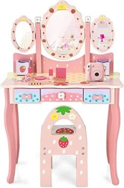HONEY JOY Kids Vanity, Strawberry Princess Wooden Makeup Dressing Table & Chair Set W/Real Glass Tri-Fold Oval Mirror & Accessories, Detachable Top, Pretend Play Vanity Set For Little Girls(Pink) -Safavieh Furniture 41Y6z2iKdjL. AC
