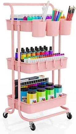LEHOM 3-Tier Rolling Utility Cart With Hanging Cups & Hooks & Handle, Multifunctional Art Cart Organizer Storage With Wheels, Easy Assembly For Office, Bedroom, Kitchen, Bathroom, Laundry (White) -Safavieh Furniture 41YBdJEayVL. AC