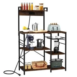 Kinbor Bakers Rack With Power Outlet - Microwave Stand, Coffee Bar, Kitchen Storage Shelves W/Wire Basket, 6 S-Hooks For Spice, Pots And Pans Organizer, Rustic Brown And Black