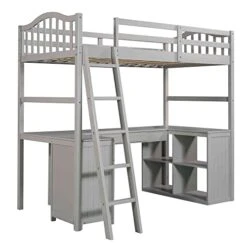 Cotoala Twin Size Loft Bed With Desk And Drawers For Kids, Bedroom, Boys, Girls, Teens, Wooden Loftbed Frames W/Shelves & Cabinet, No Box Spring Need, Grey -Safavieh Furniture 41YYiGgWIrL