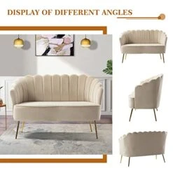 HULALA HOME Velvet Loveseat Sofa With Flower Shaped Back, Modern 2-Seater Sofa For Living Room Bedroom, Comfy Upholstered Small Love Seat Couch With Gold Legs, Tan -Safavieh Furniture 41YowPMK71L