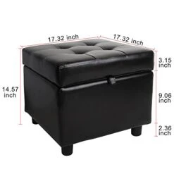 H&B Luxuries Tufted Leather Square Flip Top Storage Ottoman Cube Foot Rest (Black)