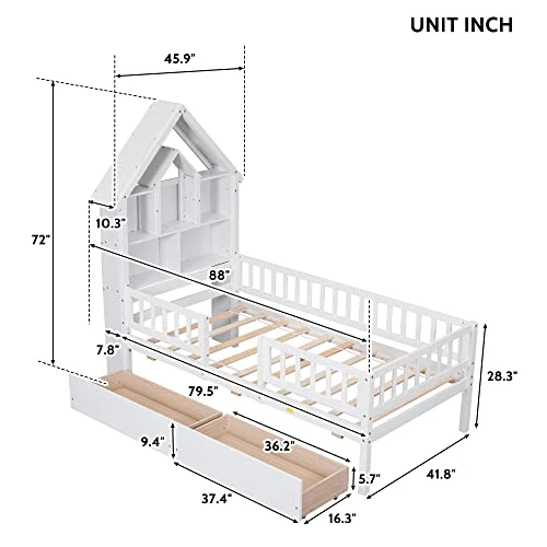 MERITLINE Twin Size Platform Bed With Drawer Wood Storage Bed Frame With House-Shaped Bookcase Headboard and Fence Guardrails For Kids,Boys,Girls(White) 2 MERITLINE Twin Size Platform Bed With Drawer Wood Storage Bed Frame With House-Shaped Bookcase Headboard and Fence Guardrails For Kids,Boys,Girls(White) - Image 2