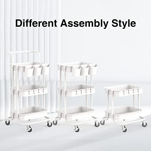 ALVOROG 3-Tier Rolling Utility Cart Storage Shelves Multifunction Storage Trolley Service Cart With Mesh Basket Handles And Wheels Easy Assembly For Bathroom, Kitchen, Office (White) 4 ALVOROG 3-Tier Rolling Utility Cart Storage Shelves Multifunction Storage Trolley Service Cart With Mesh Basket Handles And Wheels Easy Assembly For Bathroom, Kitchen, Office (White) - Image 4