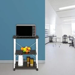Karl Home Microwave Oven Cart Bakers Rack On Wheels, Kitchen Storage Shelf Rolling Caster Stand With 10 S-Shaped Hooks 3 Tier Shelves, Dark Brown Adjustable Coffee Bar Station Wheeled Serving Trolley -Safavieh Furniture 41YyiR3V3eL