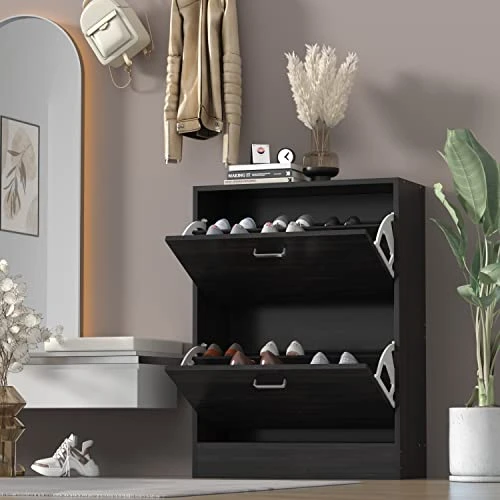 AIEGLE Shoe Cabinet With 2 Flip Drawers For Entryway, Freestanding Shoe Rack Shoe Organiazer With Adjustable Shelf, Shoe Storage Cabinet, Black Walnut (23.6" W X 9.4" D X 31.4" H) 1 AIEGLE Shoe Cabinet With 2 Flip Drawers For Entryway, Freestanding Shoe Rack Shoe Organiazer With Adjustable Shelf, Shoe Storage Cabinet, Black Walnut (23.6" W X 9.4" D X 31.4" H)