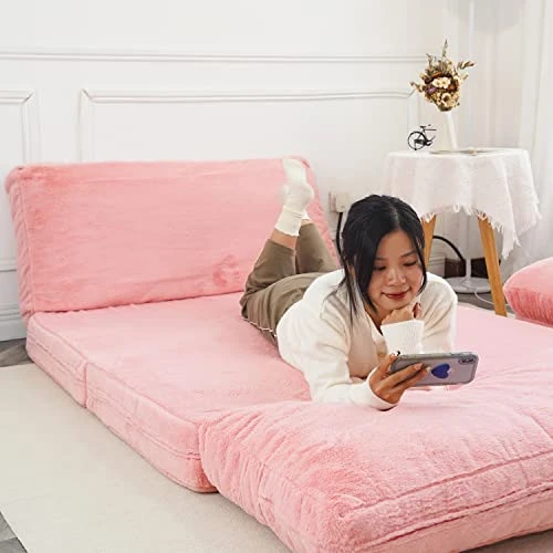 N&V Folding Matress Sofa Bean Bag, Foam Filling Folding Matress Sofa, Includes Removable And Machine Washable Cover, Soft Faux Fur (Pink) 4 N&V Folding Matress Sofa Bean Bag, Foam Filling Folding Matress Sofa, Includes Removable And Machine Washable Cover, Soft Faux Fur (Pink) - Image 4