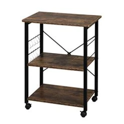3 Tier Kitchen Microwave Cart, Microwave Stand On Wheels, Coffee Cart With Storage, Rolling Bakers Rack Workstation Shelf With 10 Hooks (24 X 16 X 29 Inches, Rustic Brown)