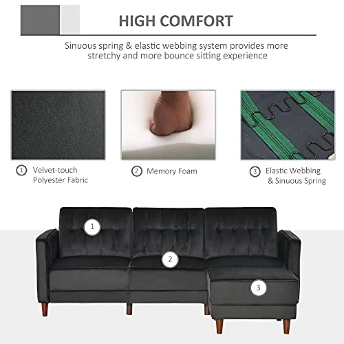 HOMCOM Upholstered L-Shaped Sofa Bed, Reversible Sectional Recliner Sofa Set, Velvet-Touch Sleeper Futon With Footstool, Black 7 HOMCOM Upholstered L-Shaped Sofa Bed, Reversible Sectional Recliner Sofa Set, Velvet-Touch Sleeper Futon With Footstool, Black - Image 7