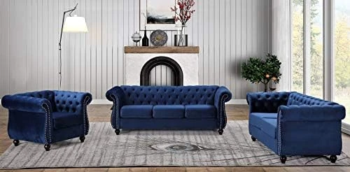 Container Furniture Direct Feinstein Modern Velvet Chesterfield Couches For Living Room With Nailheads, Diamond Tufting & Durable Metal Frame, Loveseat, Sofa, Dark Blue 8 Container Furniture Direct Feinstein Modern Velvet Chesterfield Couches For Living Room With Nailheads, Diamond Tufting & Durable Metal Frame, Loveseat, Sofa, Dark Blue - Image 8