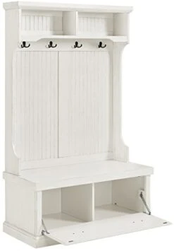 Crosley Furniture Seaside Hall Tree, Entryway Bench With Coat Rack And Shoe Cabinet, Distressed White